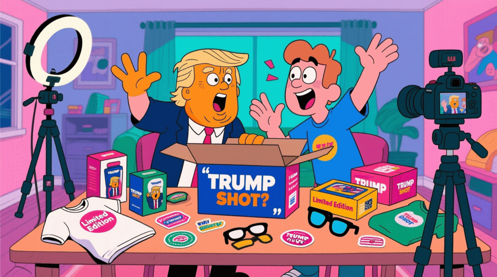 Satirical unboxing of the 'Trump Shot' merch bundle: laminated photo, LED frame, and Divine Squint pin — The Daily Dope