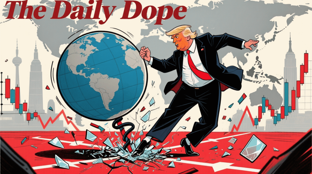 Satirical illustration of Trump dancing the tango with a globe, stepping on trade routes and causing market chaos — The Daily Dope
