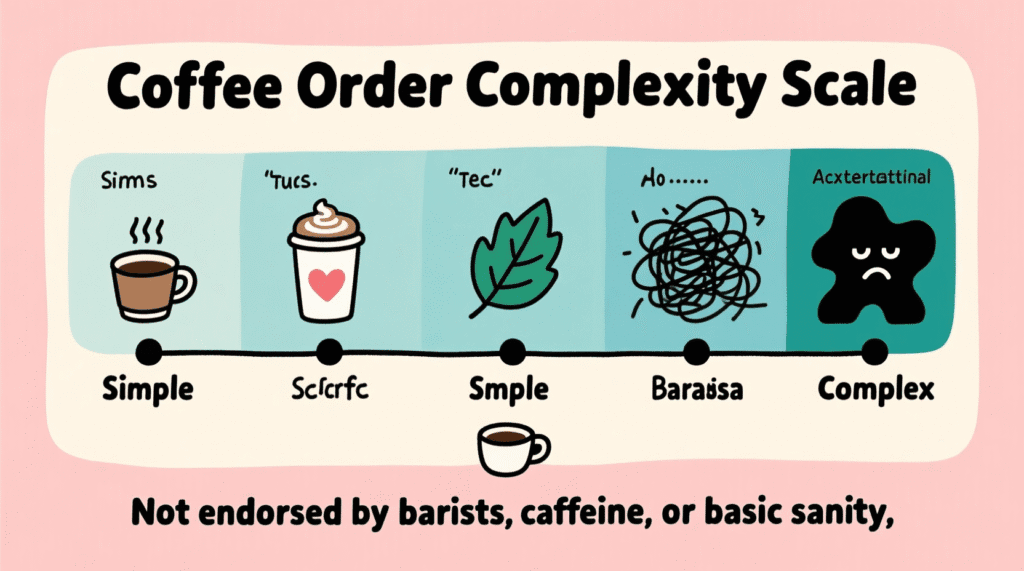 Satirical image of a person giving a 50-word coffee order to a tired barista — The Daily Dope