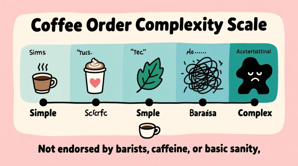 The Unnecessary Science of Ordering Coffee – A Groundbreaking Study Satirical image of a person giving a 50-word coffee order to a tired barista — The Daily Dope