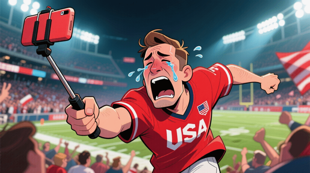 Satirical image of a fan crying in slow motion with a USA jersey and selfie stick — The Daily Dope