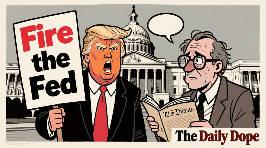 Satirical illustration of Trump holding a "Fire the Fed" sign while a confused economist checks the Constitution — The Daily Dope