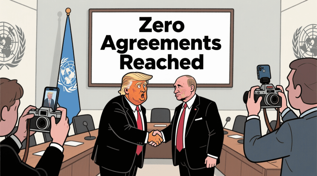 Satirical image of Trump and Putin at a fake Alaska summit, exchanging stares instead of policies — The Daily Dope