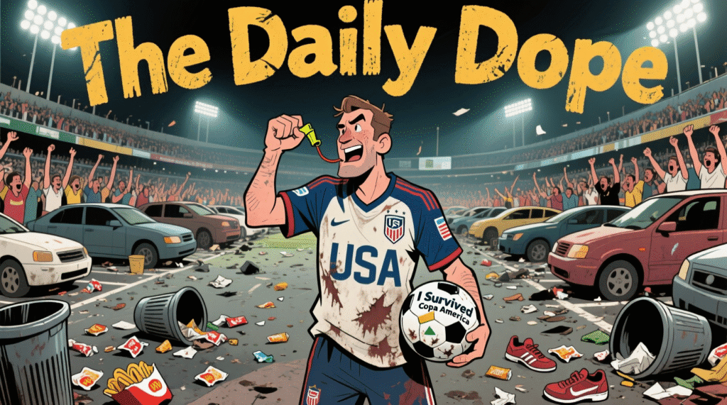 Satirical image of a man wearing a USA soccer jersey, holding a tactical whistle and a "I Survived Copa América" ball — The Daily Dope