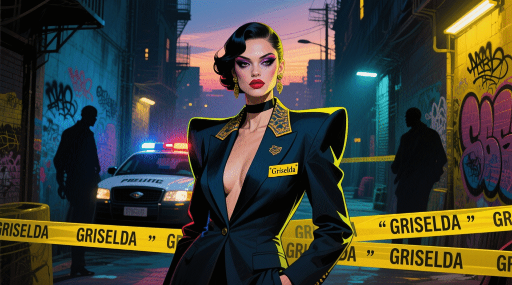 Satirical image of a model wearing a "Griselda" blazer and "Cocaine Godmother" makeup, standing in front of a crime scene tape — The Daily Dope
