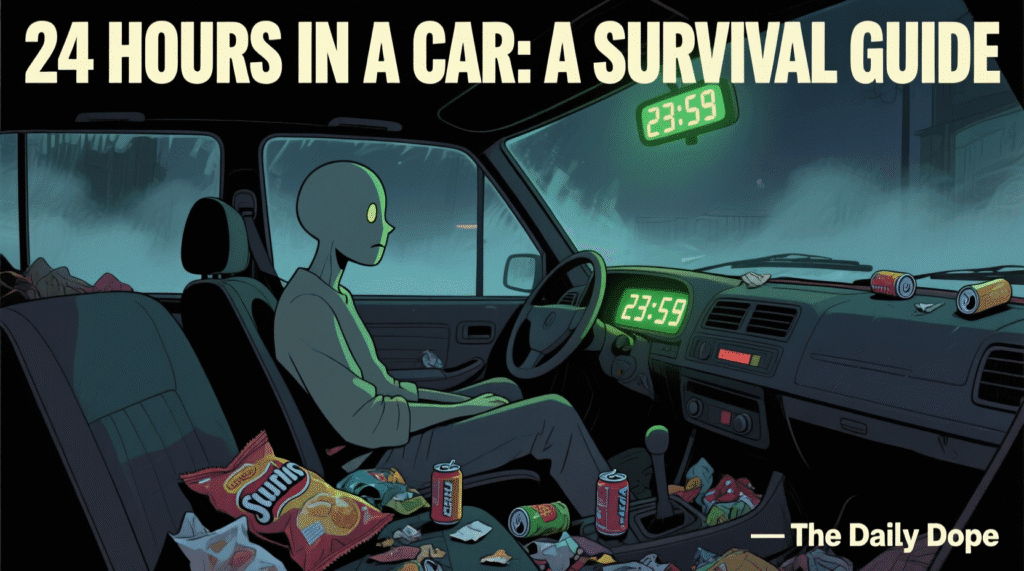 Satirical illustration of a person trapped in a car with a clock showing 24 hours, snacks everywhere, and text: "24 HOURS IN A CAR: A SURVIVAL GUIDE" — The Daily Dope