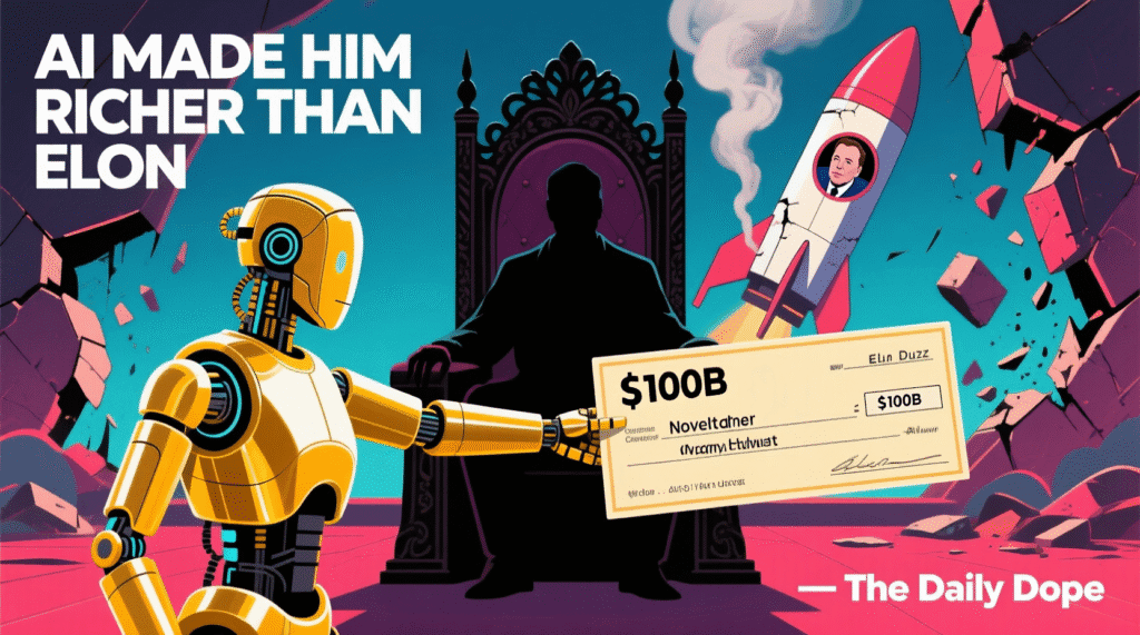Satirical illustration of a man floating on a golden AI cloud labeled "World's Richest Person" while Elon Musk looks up angrily — The Daily Dope