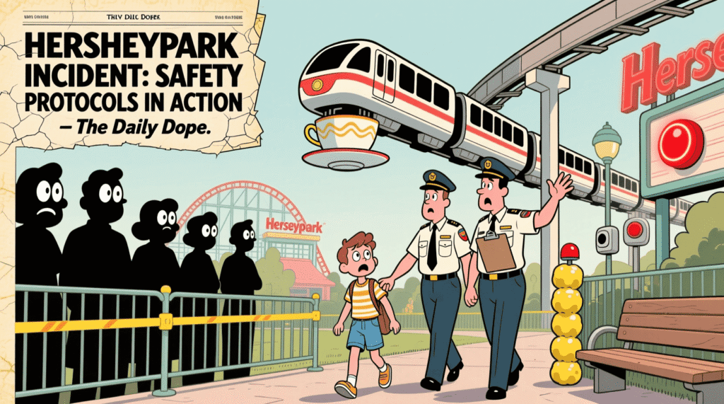Satirical illustration of a young visitor being assisted by park staff near a monorail ride