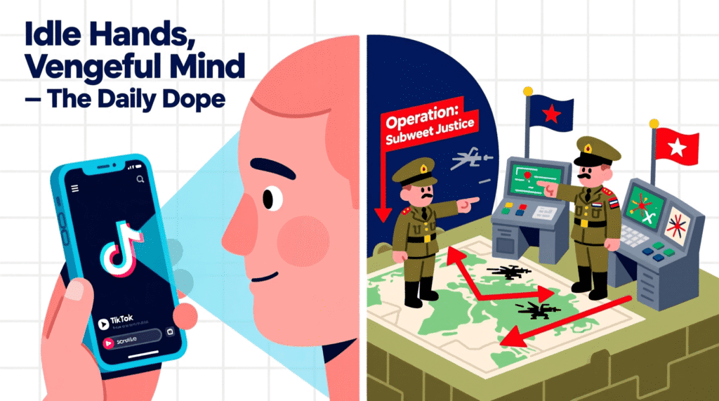 Satirical illustration of a person scrolling while their brain secretly plans elaborate revenge—mocking digital passive aggression and the illusion of downtime