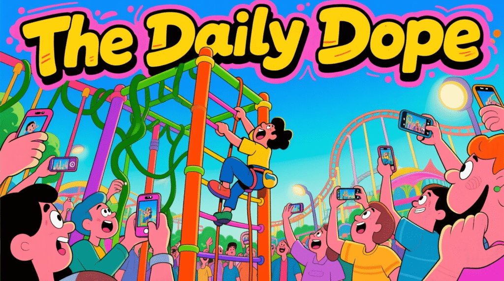 Satirical illustration of a heroic figure climbing a monorail beam while a crowd films instead of helping — The Daily Dope