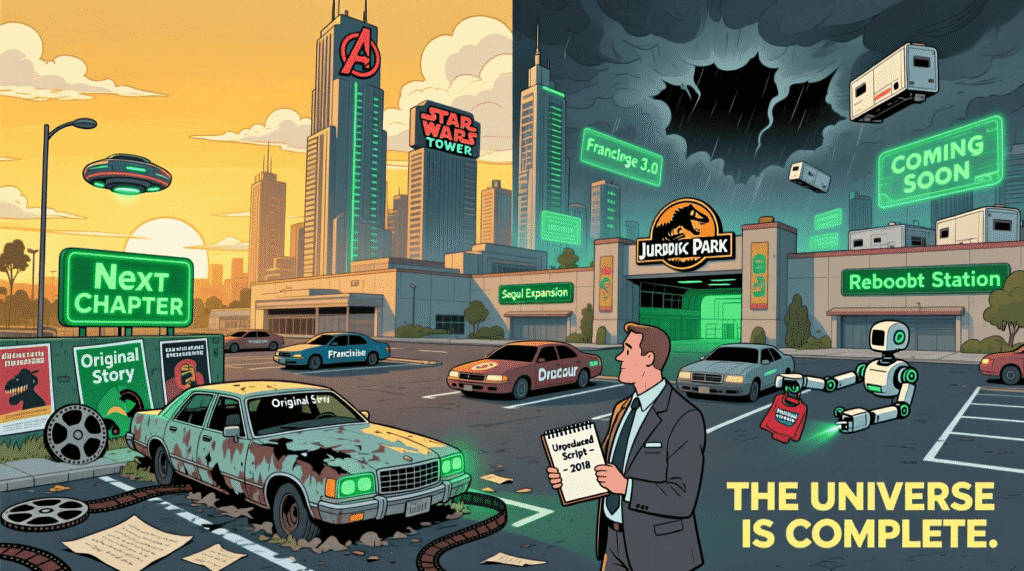 Satirical illustration of a movie studio parking lot reimagined as a blockbuster cinematic universe—mocking Hollywood’s obsession with franchises over original stories