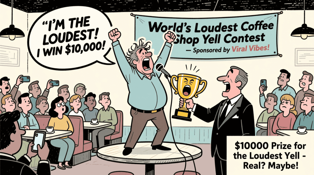Satirical illustration of a man winning a $10,000 prize for yelling the loudest in a coffee shop—mocking outrage culture and viral performance