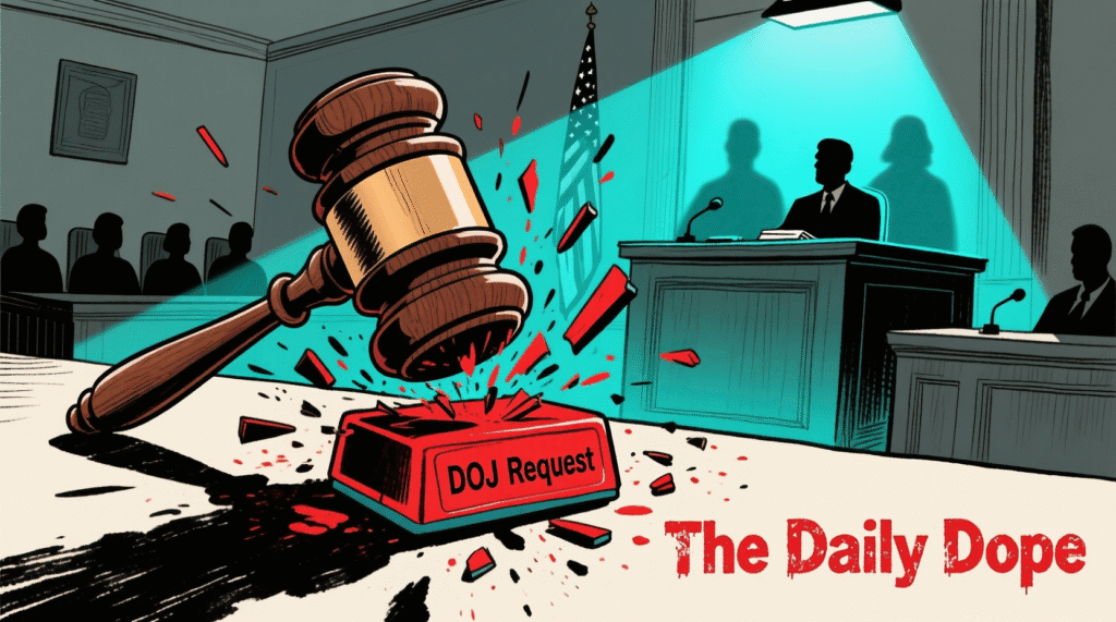 Satirical illustration of a gavel smashing a "DOJ Request" stamp while a jury box glows with mystery — The Daily Dope