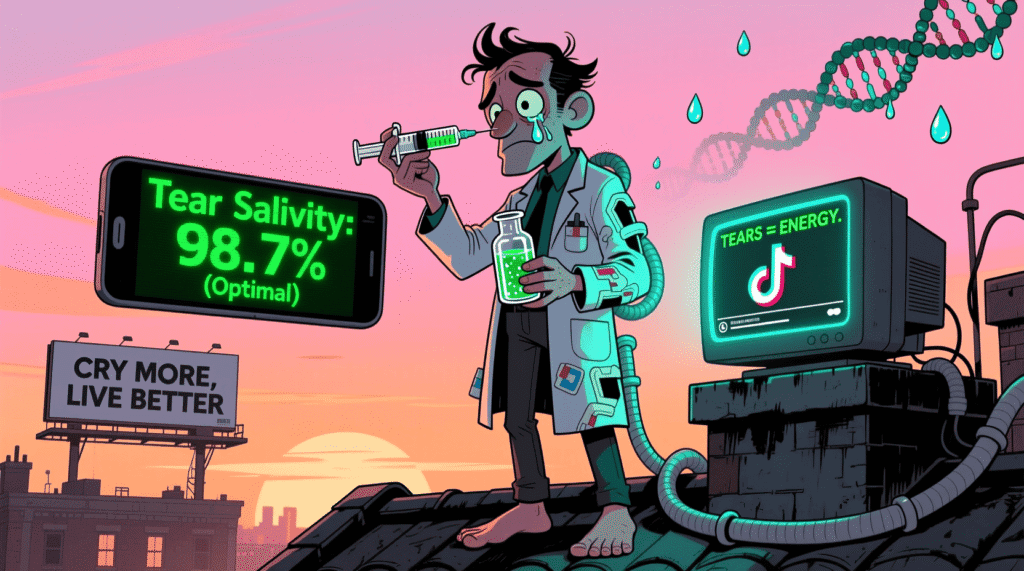 Satirical illustration of a biohacker harvesting and drinking their own tears for “optimal tear salinity”—mocking extreme wellness trends and pseudoscientific self-optimization
