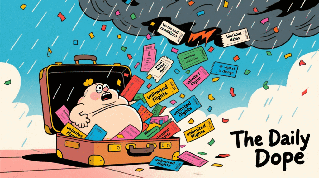 Satirical illustration of a suitcase bursting with “unlimited flights” tickets while fine print rains from the sky — The Daily Dope