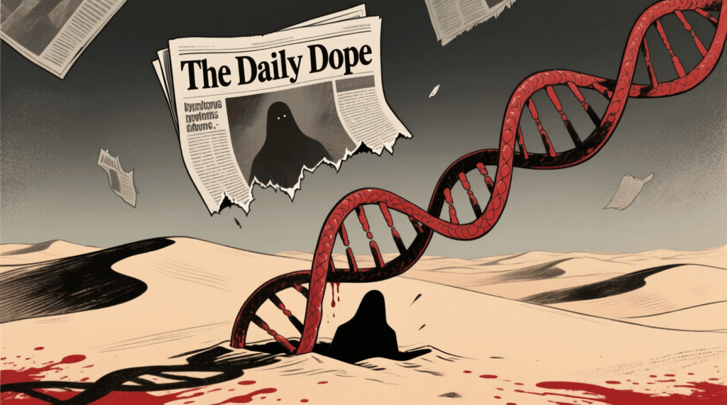 Satirical illustration of a DNA strand unzipping to reveal a shadowy figure near dunes, with headlines floating above — The Daily Dope
