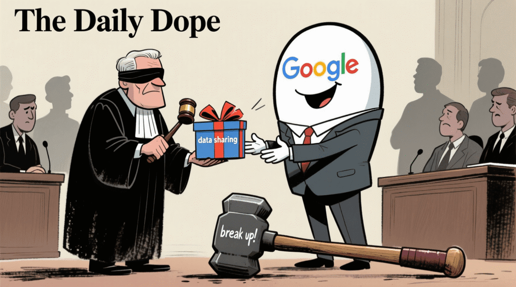 Satirical illustration of a judge handing Google a "data sharing" gift box while ignoring the "break up" sledgehammer — The Daily Dope