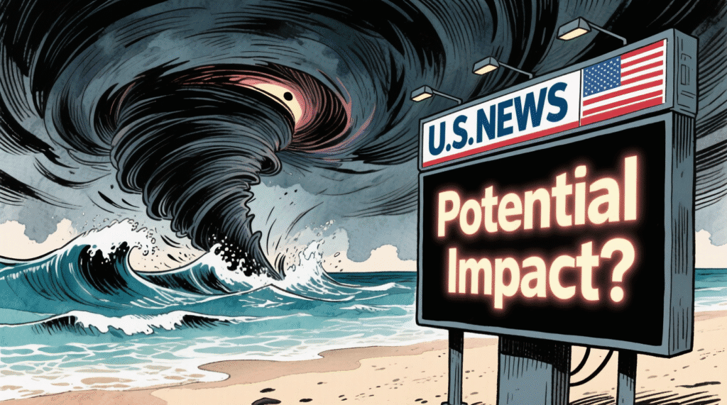 Satirical illustration of a hurricane approaching a beach while a U.S. news ticker reads "Potential Impact?" — The Daily Dope