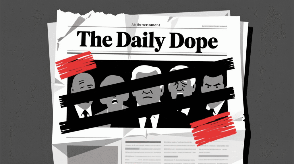 Satirical illustration of a redacted document with famous silhouettes peeking through the black bars — The Daily Dope
