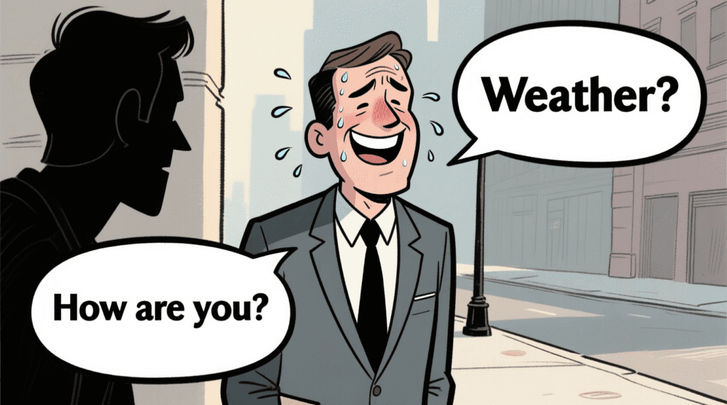 Satirical illustration of a person sweating while smiling at a stranger with speech bubbles like "Weather?" and "How are you?" — The Daily Dope