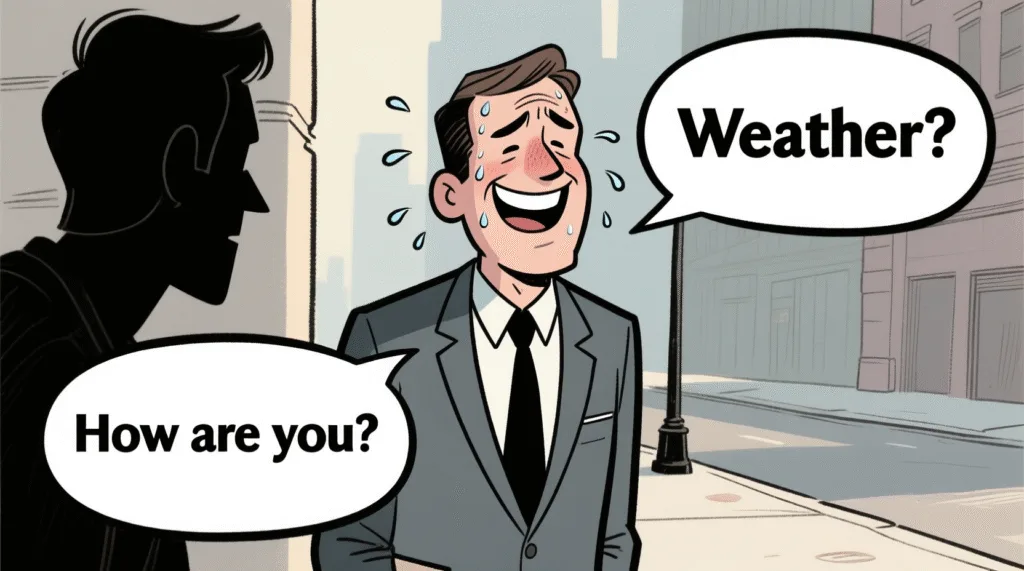 A Guide to Mastering Small Talk (Without Crying) Satirical illustration of a person sweating while smiling at a stranger with speech bubbles like "Weather?" and "How are you?" — The Daily Dope