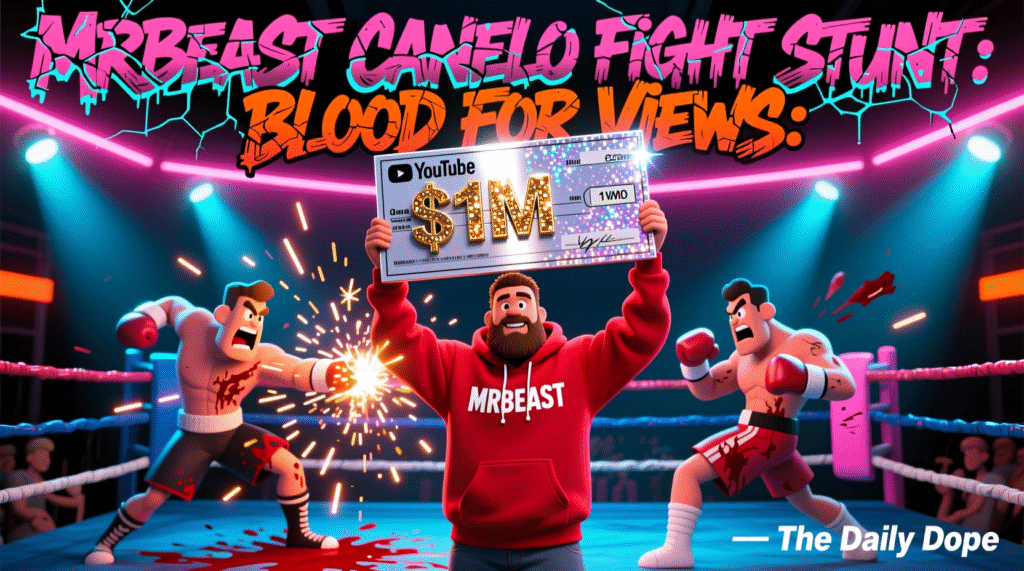 Satirical illustration of a YouTuber in a boxing ring holding a giant check while fighters battle behind him — The Daily Dope