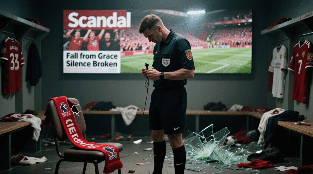 Satirical illustration of a premier league referee scandal fall from grace, walking away from a stadium with a broken trophy — The Daily Dope