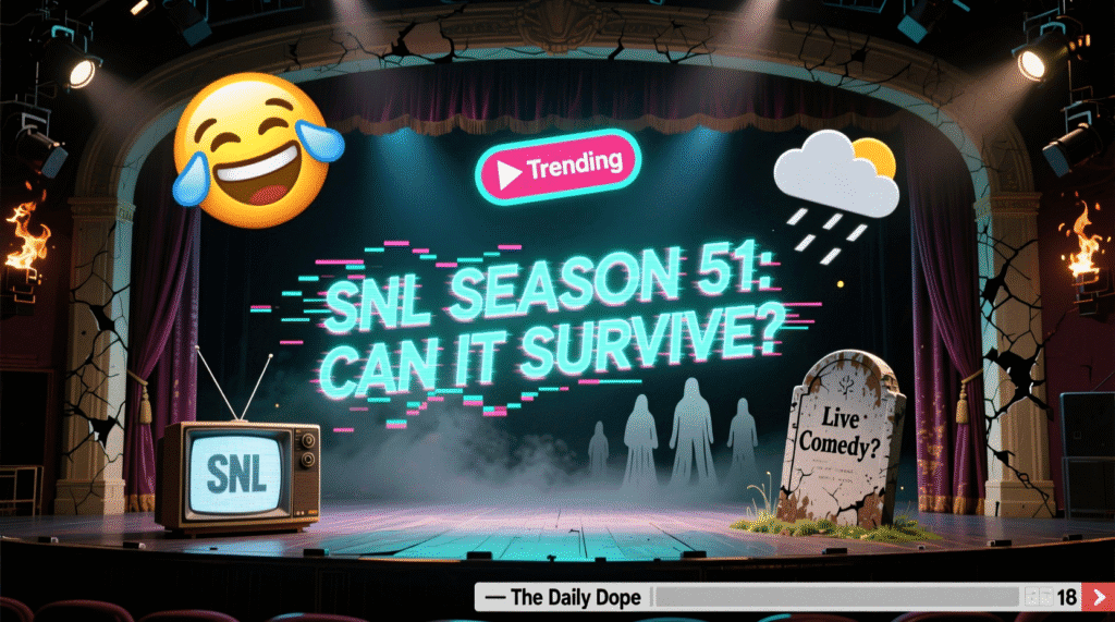 Satirical illustration of an SNL stage fading into static with text "SNL SEASON 51: CAN IT SURVIVE?" — The Daily Dope