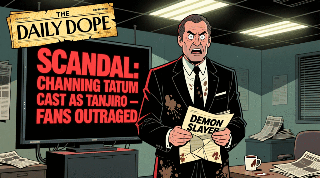 Satirical illustration of a man in a suit holding a Demon Slayer script in front of a screen showing SCANDAL CHANNING TATUM CAST AS TANJIRO — FANS OUTRAGED — The Daily Dope