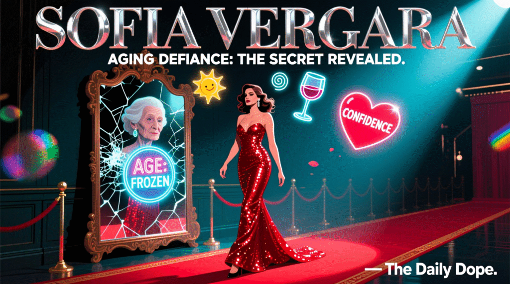 Satirical illustration of a woman with a "Time Freeze" device labeled "Sofia Vergara Mode" — The Daily Dope