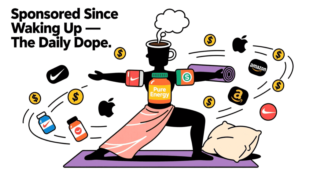 Satirical illustration of an influencer whose entire morning routine—and body—is composed of branded products, mocking fake authenticity on social media