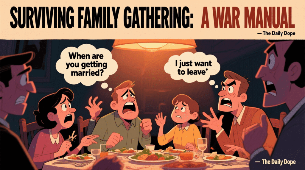 Satirical illustration of a chaotic family dinner with thought bubbles like "Why aren't you married?" and "Pass the potatoes" — The Daily Dope