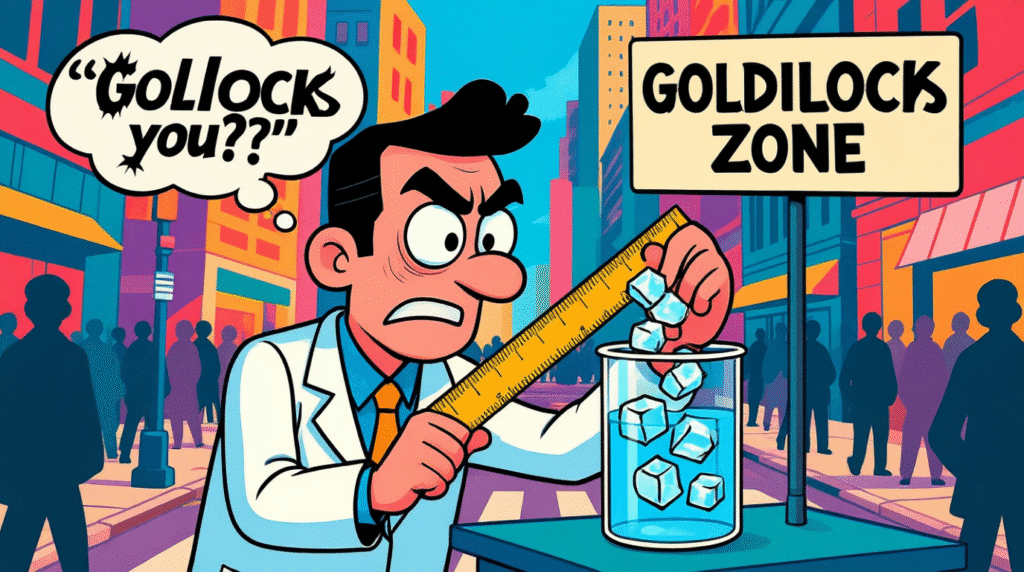 Satirical illustration of a scientist measuring ice cubes in a glass with a "Goldilocks Zone" label — The Daily Dope