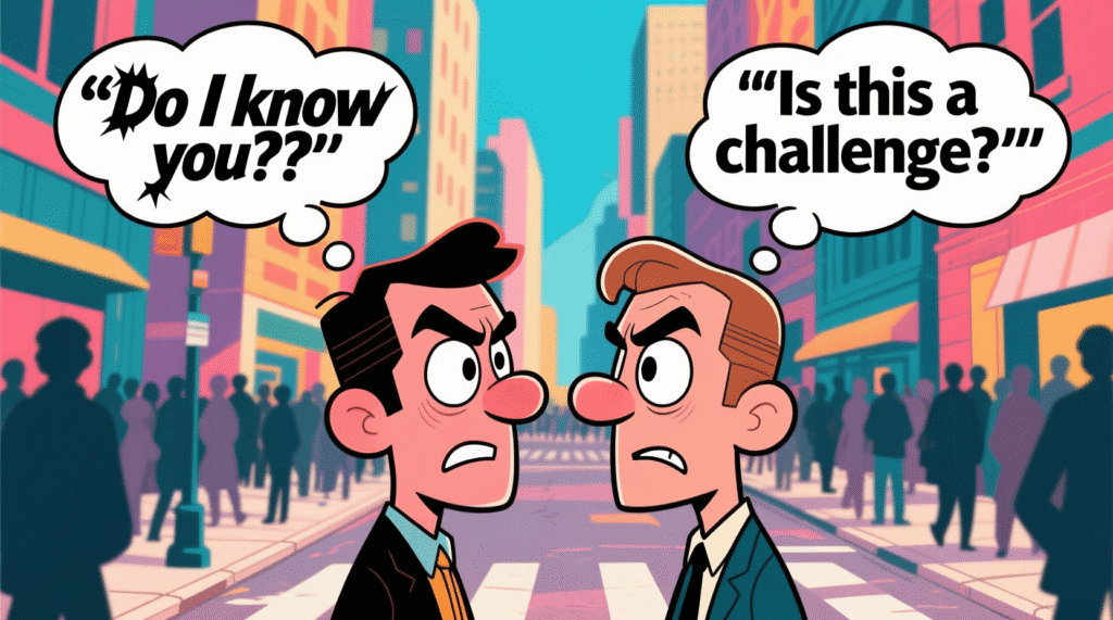 Satirical illustration of two people locking eyes on a sidewalk, with thought bubbles showing "Do I know you?" and "Is this a challenge?" — The Daily Dope