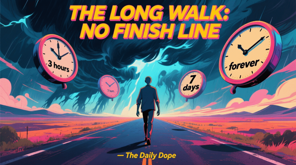 Satirical illustration of a lone figure walking down an endless road under stormy sky with text "THE LONG WALK: NO FINISH LINE" — The Daily Dope