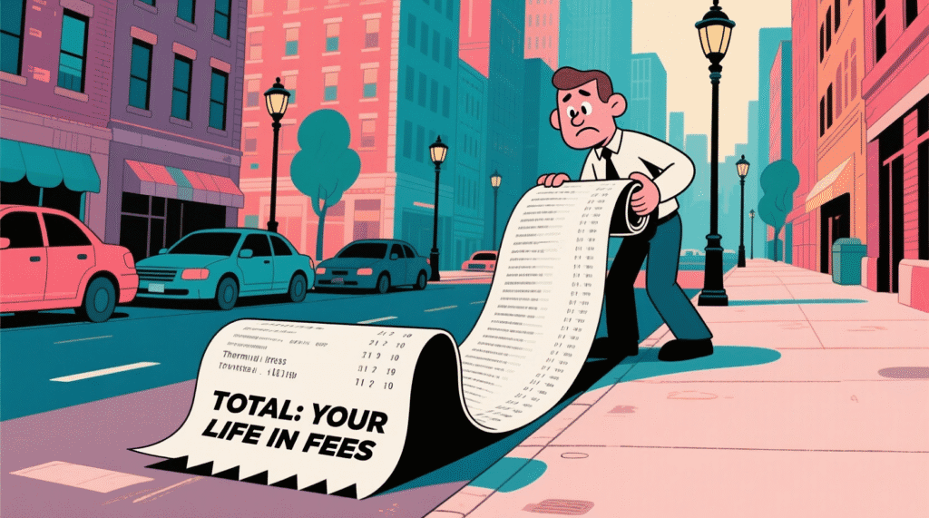 Satirical illustration of a person unrolling a massive receipt labeled "Your Life in Fees" — The Daily Dope