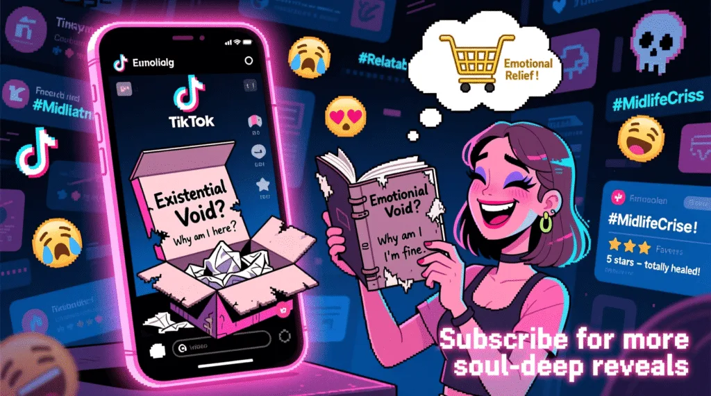Satirical illustration of a TikTok unboxing video revealing a used existential crisis—mocking consumer culture and the commodification of emotional emptiness