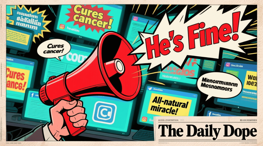 Satirical illustration of a megaphone shouting "He's Fine!" while social media screens show wild health rumors — The Daily Dope