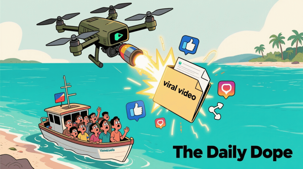 Satirical illustration of a drone dropping a "viral video" instead of a missile over a boat near Venezuela — The Daily Dope