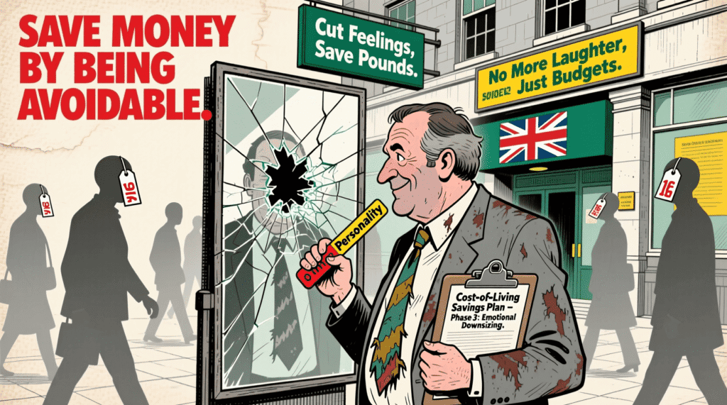 Satirical illustration of a person turning off their personality to save money—mocking UK government advice during the cost-of-living crisis