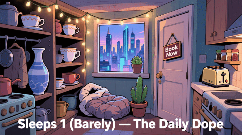 Satirical image of a cramped kitchen pantry converted into a micro-hostel for tourists—commentary on housing crisis and Airbnb culture