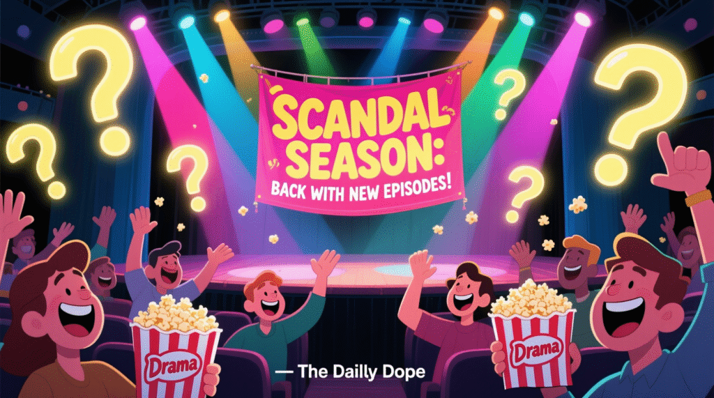 Satirical illustration of a comedy stage with "Scandal Season" banners and floating question marks — The Daily Dope