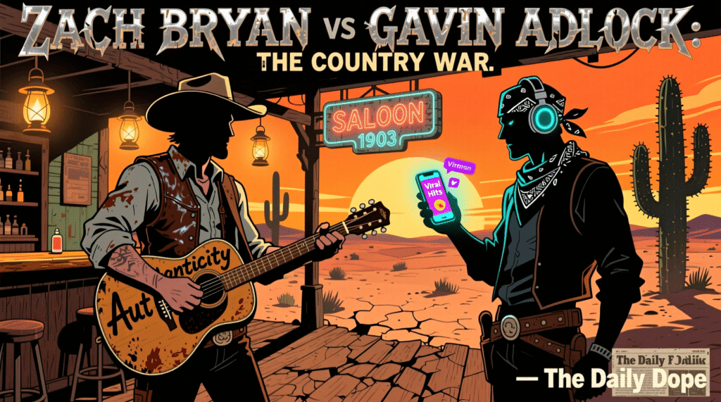 Satirical illustration of two cowboys facing off in a desert saloon, one with guitar labeled "Authenticity", other with phone streaming "Viral Hits" — The Daily Dope