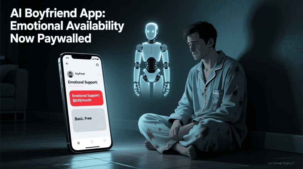 Satirical illustration of an AI boyfriend app charging extra for emotional availability — The Daily Dope