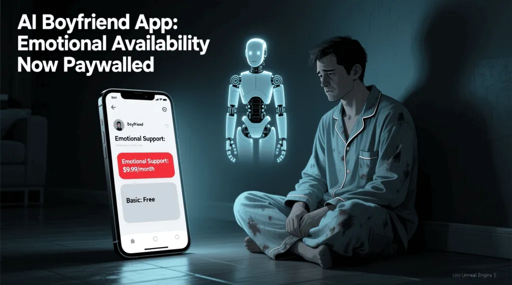 AI Boyfriend Now Costs Extra for Caring Satirical illustration of an AI boyfriend app charging extra for emotional availability — The Daily Dope