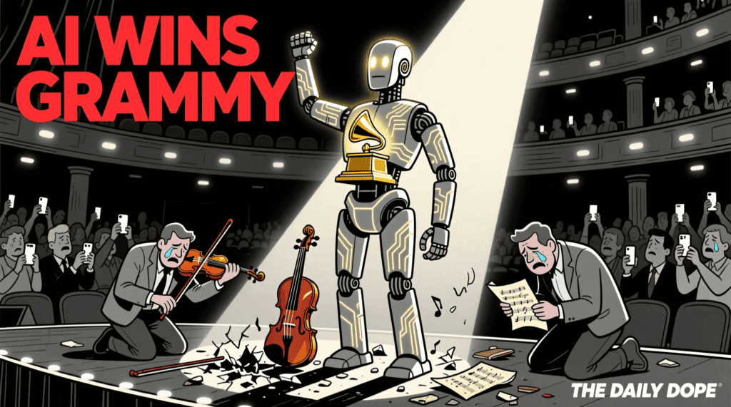 Satirical political cartoon of AI winning Grammy while human musicians weep — The Daily Dope