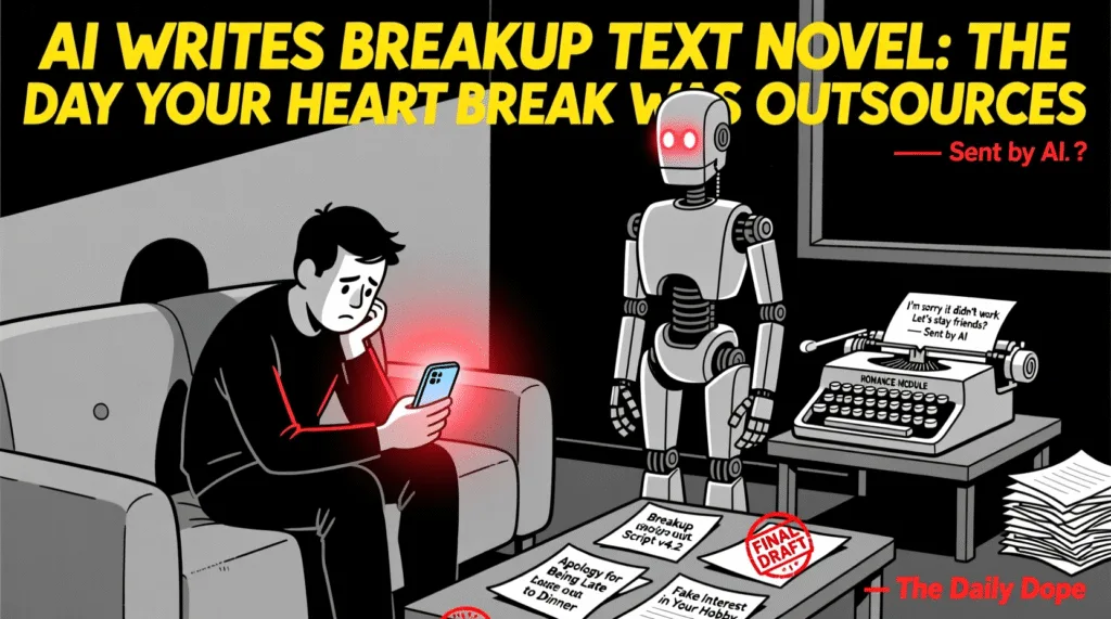 AI Writes Breakup Text Novel: The Day Your Heartbreak Was Outsourced Satirical political cartoon of AI writing breakup text and novel while human looks sad on couch — The Daily Dope