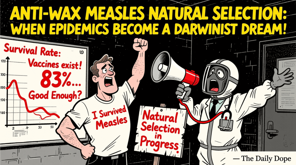 Satirical political cartoon of anti-vaxxer celebrating measles as natural selection while doctor pleads for vaccines — The Daily Dope