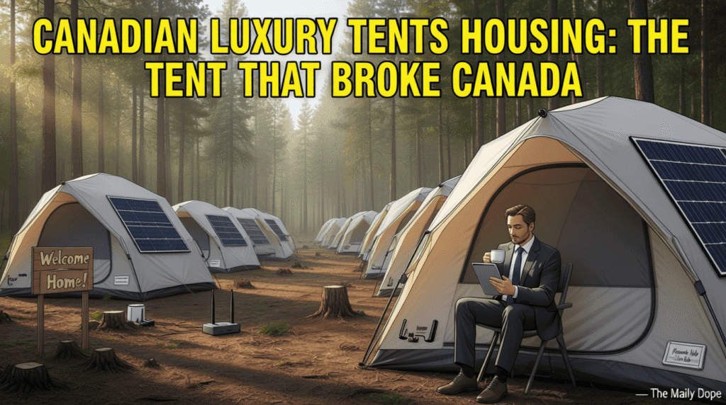 Satirical illustration of government luxury tents in forest with remote worker — The Daily Dope