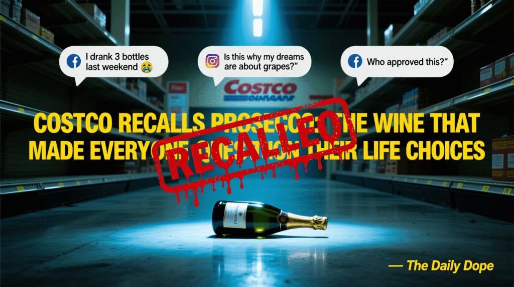 Satirical image of recalled Costco prosecco bottle with glowing recall stamp and social media reactions — The Daily Dope